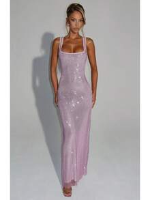 New Sexy Double Strap Sequin Mesh Dress Elegant Waist-Cinching Pullover Bodycon Evening Gown - màu xám hồng nhạt - Xem 1