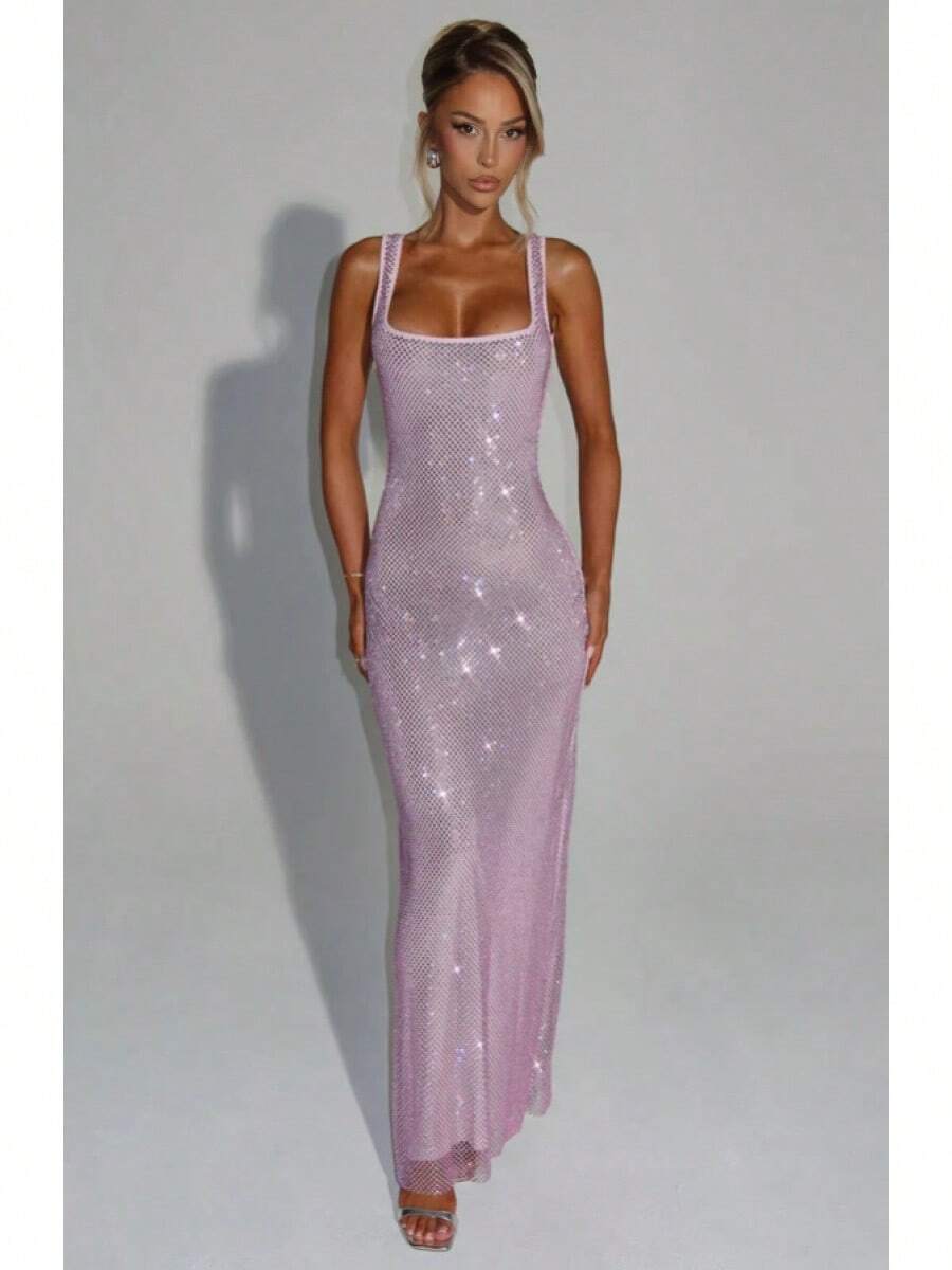 New Sexy Double Strap Sequin Mesh Dress Elegant Waist-Cinching Pullover Bodycon Evening Gown - màu xám hồng nhạt - Xem 1