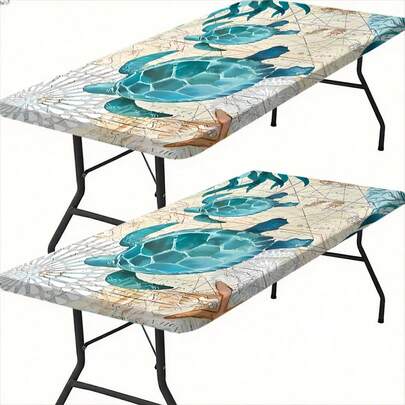 1pc Ocean Themed Turtle & Shell Art Collage Print Elastic Edge Tablecloth, Suitable For Outdoor Use On Dining Tables, Coffee Tables, And In The Kitchen, Adds Homely Aesthetic, Outdoor Patio Cover, Picnic Accessory, For Indoor And Outdoor Use