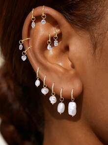 1件925纯银DIY仿珍珠不对称心形马眼形耳钉链饰耳骨耳廓穿孔精致首饰，适合日常佩戴、婚礼、派对、订婚、周年纪念、情人节