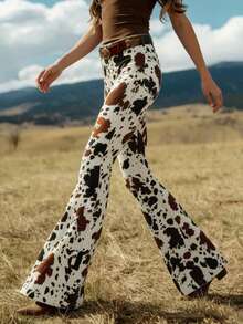 Western Style Women's Fashion Cow Print Pocket Flare Pants, Casual, Vacation, Date, Cool Girl Long Trousers - Multicolor - View 7