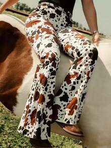 Western Style Women's Fashion Cow Print Pocket Flare Pants, Casual, Vacation, Date, Cool Girl Long Trousers - Multicolor - View 6