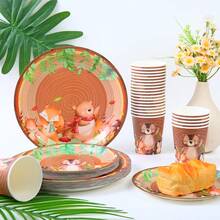 树桩动物造型一次性餐具套装，7/9英寸派对餐盘，一次性纸盘和纸杯，适用于节日、婚礼、订婚、生日、派对、庆典礼物及婚礼派对用品 - 彩色 - 查看 1