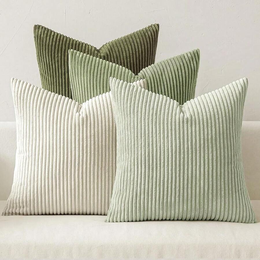 [Free Shipping]MIULEE Christmas Decorative Throw Pillow Covers Set Of 4 Summer Light Green Gradient Natural Earthy Modern Classic Soft Corduroy Cushion Covers For Sofa Couch Bed Living Room Home Decor 18x18 Inch - 綠白相間,18英寸x18英寸,4件裝 - 查看 1