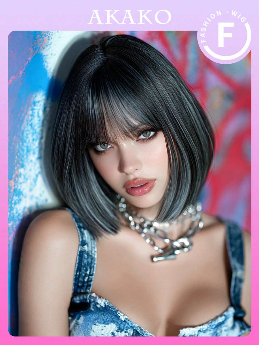 AKAKO 高光灰黑色波波头假发，10英寸短直发，带刘海，耐热纤维，柔软合成全机织发，色彩缤纷，适合日常派对、节日、音乐节角色扮演等场合，打造前卫的Y2K和哥特街头风格。 - 挑染灰色 - 查看 1
