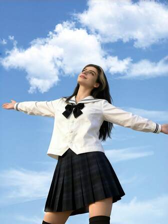 一套日系软妹JK制服甜美少女长袖上衣+裙子+领带套装，适合角色扮演，校园风，毕业季、班级合影、2D漫展或情人节等场合。