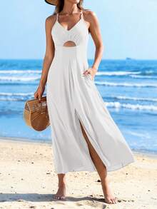 Women Summer Spaghetti Strap Dress Sleeveless V Neck Cutout High Split Smocked Backless Sundress Solid Color Casual Spring Holiday Vacation Beach Dating Wedding Guest Party Maxi Dresses With Pockets