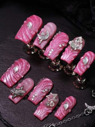 10pcs Valentine's Day Nail Art Set,3D Pink Cat Eyes Press-On Nails,Squre Nails,French Nail Stickers, Sparkling Love Rhinestones Fake Nails, Heart Sequin Glitter, Diamond Decoration;Moon,Star Nail Charms,Comes With Nail Tools(1 Sheets Jelly Stickers+1PC Nail File),Suitable For Party, Valentine's Day,Wedding,Casual And Daily Wear Supplies Nails