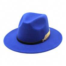 JEWELRYWE Men's Flat-Brimmed Felt Hat, Women's Fedora, With Gold Fishbone Trim, Elegant Wide-Brimmed Hat, Party Hat, Suitable For Casual, Formal Occasions - Blue - View 16