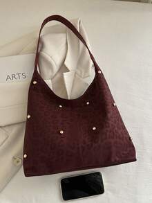 2025 Fashion Matte Solid Color Punk Rivet Commuter Tote Bag, Minimalist Niche Underarm Bag, Stylish Large Capacity Shoulder Bag - Burgundy - View 3