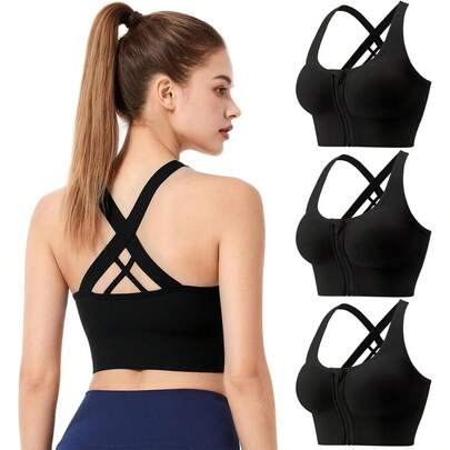Sujetadores deportivos, Sujetador deportivo con tiras cruzadas, Sujetador deportivo con cremallera delantera y copas acolchadas extraíbles para pilates fitness baile running