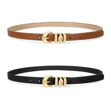 2条装时尚女士亮金色扣PU皮带，适合搭配牛仔裤、休闲裤、连衣裙 - 黑色+棕色 - 查看 3
