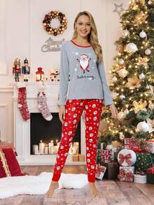 Drop Shoulder Christmas And Slogan Graphic 1 Tee & 1 Trousers PJ Set - Multicolor - View 1