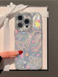 Minimalist Colorful Line Butterfly, Heart, Flower Rhinestone Decor Phone Case Compatible With IPhone 16 Pro Max/15 Pro/14 Pro/13 Pro, Silicone Protective Cover For Women, Unique Design Waterproof Shockproof Anti-Fall Scratch Resistant - Silver - View 3