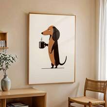 1幅无框腊肠犬喝咖啡艺术画，趣味狗狗爱好者海报，可爱动物墙饰，复古卡通帆布画，美观房间装饰，适用于卧室、办公室、宿舍、家居装饰，生日礼物、圣诞礼物、宠物爱好者礼物 - 彩色 - 查看 3