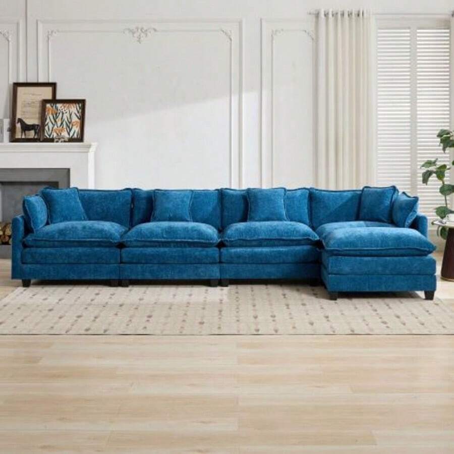 Cloud Sofa 4 Seats (Ottoman Is Not Included), Modern Sectional Couch, For Living Room Bedroom And Apartment, Comfy Double Layer Upholstered Seat Cushion, Breathable Chenille Fabric,Blue,DE5014BL - 藍色 - 查看 1