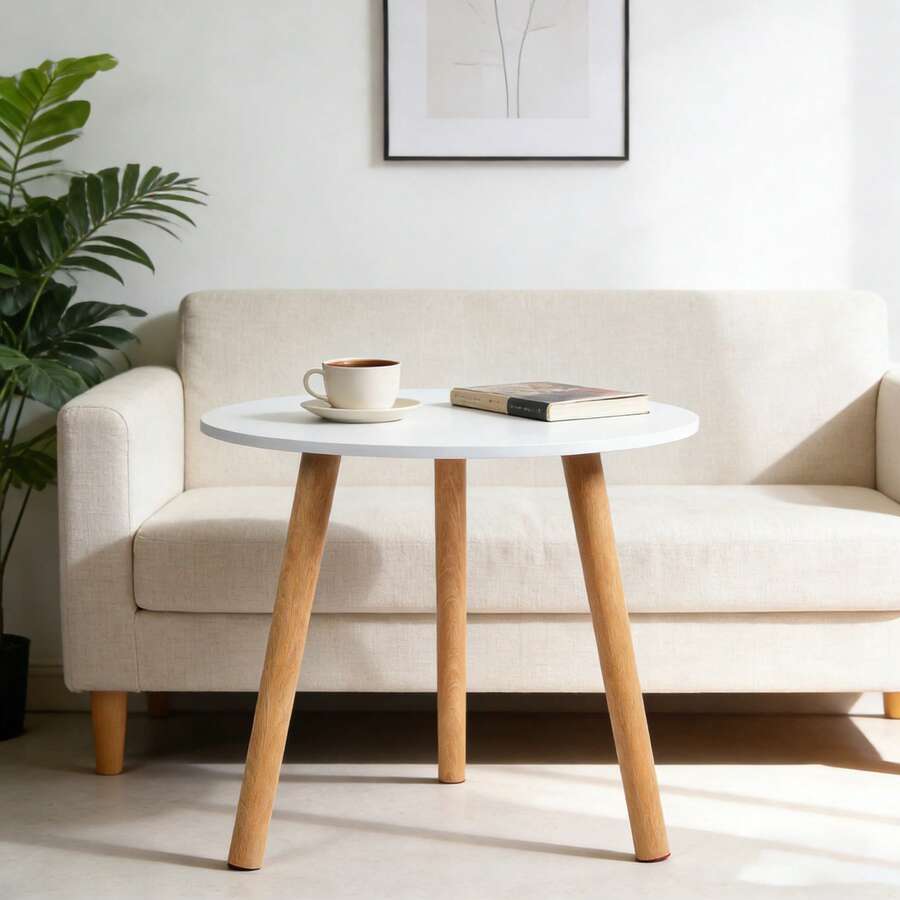 Dining Table With Solid Wood Leg Waterproof  60cm Round Shape Leisure Coffee Table - White - View 1