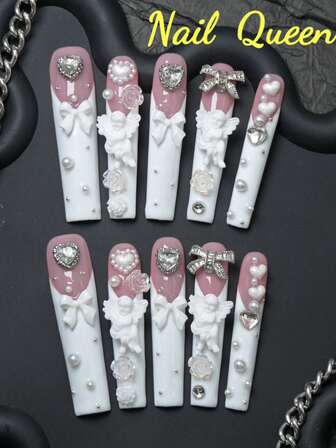 CrystalHola Valentine's Day & New Year Special Offer, 10pcs Set, 100% Handmade French Manicure Nail Stickers, Minimalist Design, White French Manicure With Glitter And Heart Elements, Full Coverage, Removable And Reusable, Durable. This Unique Nail Sticker Set Is A Must-Have Fashion Item For Nail Parties, And Also Makes A Great Wedding Gift. The Set Includes A Nail File And Nail Glue.