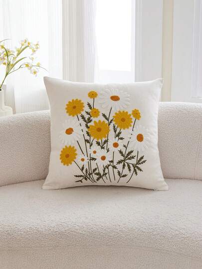 1pc Spring/Summer Daisy Flower Embroidered Decorative Pillow Cover, 17.7*17.7inch, Suitable For Indoor Decor, All Season Pillow Sham, Pillow Insert Not Included