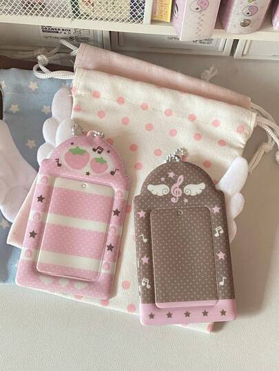 Sweet Pink Notes Wings Card Cover Display Pendant Small Card Holder Grid Strawberry 3inch Photocard Holder DIY INS Photo Cover