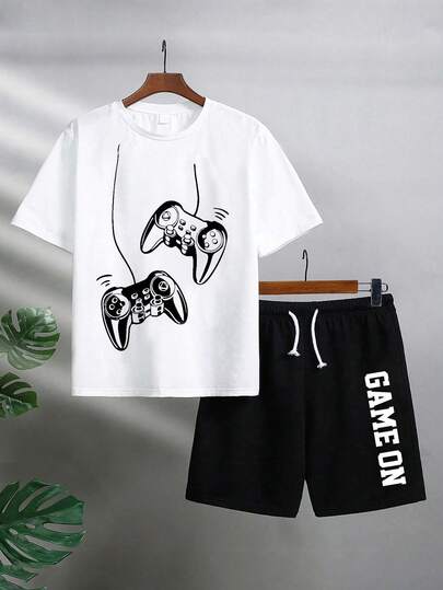 Set de 2 piezas con camiseta de manga corta de cuello redondo y pantalones cortos con estampado de videojuegos para niño, conjunto casual
