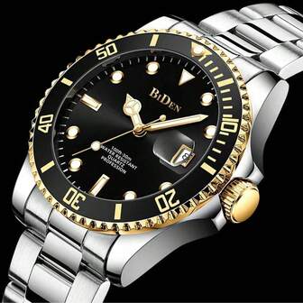 BIDEN 1PC Men's Watch Business Casual Style Silver Stainless Steel Strap Waterproof Night Light Pointer Automatic Date Men's Quartz Watch