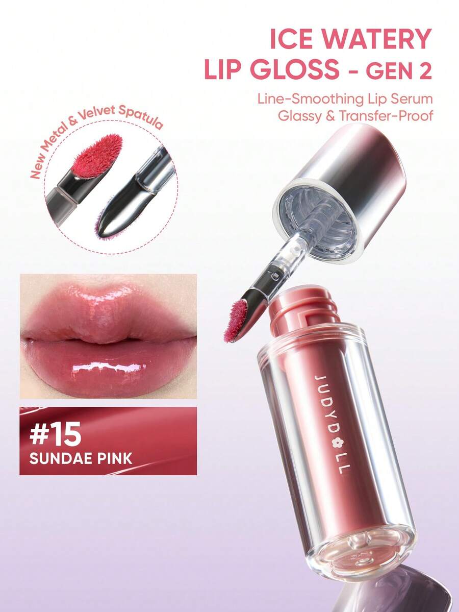 JUDYDOLL Ice Watery Lip Gloss-Gen 2 Shiny Mirror Lip Gloss, Moisturizing & Nourishing Essence, Long-Lasting - 15 SUNDAE PINK - 查看 1