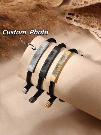 1pc Customized Engraved Eye Photo Bracelet, Personalized Fashion Curved Plate Adjustable Bracelet, Minimalist Customized Bracelet With Customizable Photo, Unisex Customized Eye Couple Gift For Valentine's Day