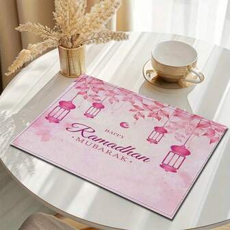 4pcs Ramadan Themed Placemats, Decorated With Crescent Moon And Lantern Patterns. Main Color Is Pink, Accented With Floral Decor, Suitable For Gatherings, Dining And Holiday Decoration. Size: 30x45cm, Suitable For Home Decor, Holiday Table Decoration, Farmhouse Style Decor, Washable, Durable Linen Material, Also Suitable For Holiday Table Decoration And Home Entertainment.
