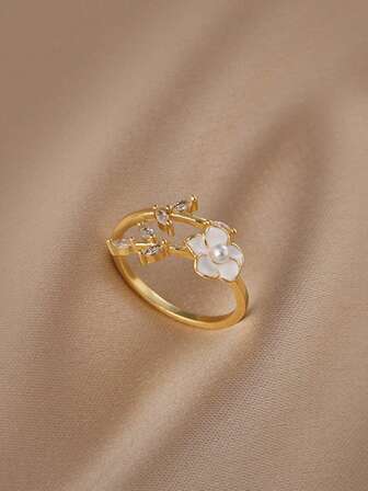 1 pieza Anillo abierto único con flor de camelia y perla, anillos de pareja vintage