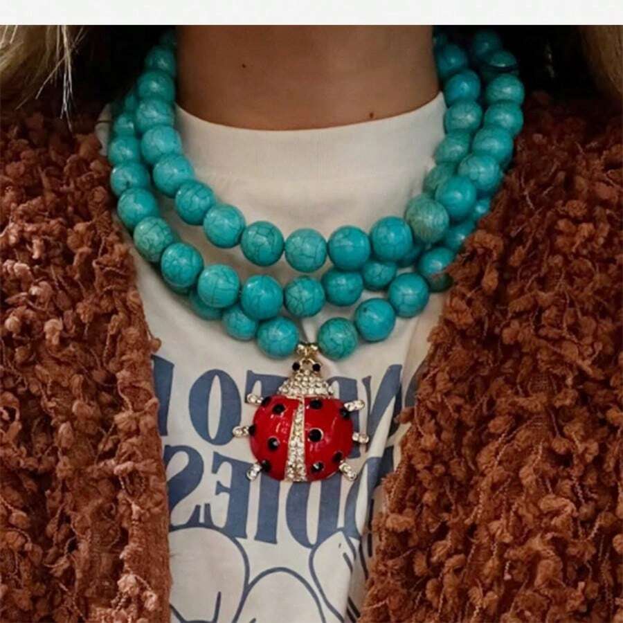 قلادة مجوهرات نسائية عصرية من الكريستال والحجر الأزرق الطبيعي والخرز الملون، قلادة حجرية عصرية هدية للنساء، إكسسوارات مجوهرات هيب هوب فاخرة للحفلات - الفيروز - مشاهدة 1