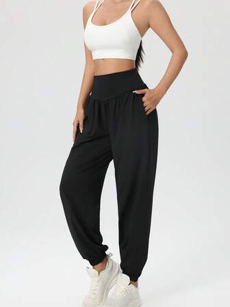 Plusstorlekar för kvinnor med hög midja och lösa lyktabyxor, casual dagliga bantningsbyxor med fickor, dragsko i nederkant, lämplig för utomhusbruk, löpning, träning, jogging, fitness, yoga