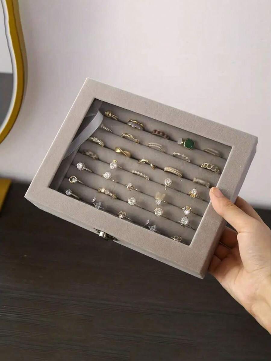 1pc Large Capacity Jewelry Box, Velvet Material, Can Store Rings, Necklaces, Earrings And Other Jewelry - Multicolor - View 1
