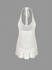 Women's Hollow Out Sleeveless Tie Waist Knit Mini Dress With Ruffled Hem, Suitable For Spring/Summer Beach, Vacation, Casual Daily Wear - White - View 8