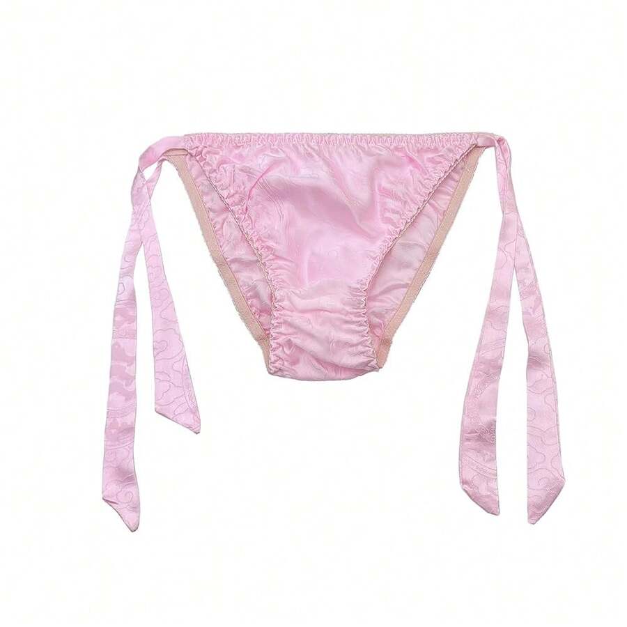 Women Silk Panties Lightweight Briefs Smooth Breathable Satin Bikini,Sexyys Tie-Side Underwear Daily Fit Comfort,Pinkprint - 粉紅藍圖 - 查看 1