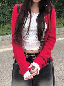 Casual Button-Up Knit Cardigan, Korean Style - Red - View 8