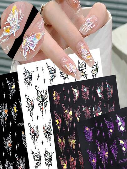4pcs/1pc 3D Butterfly Nail Art Stickers, Self-Adhesive Shiny Foil Nail Decals, White Laser Nail Stickers, Ideal For Colorful Butterfly Nail Art, Valentine's Day & New Year Nail Stickers, Perfect Decoration For Women's Nails Nail Supplies