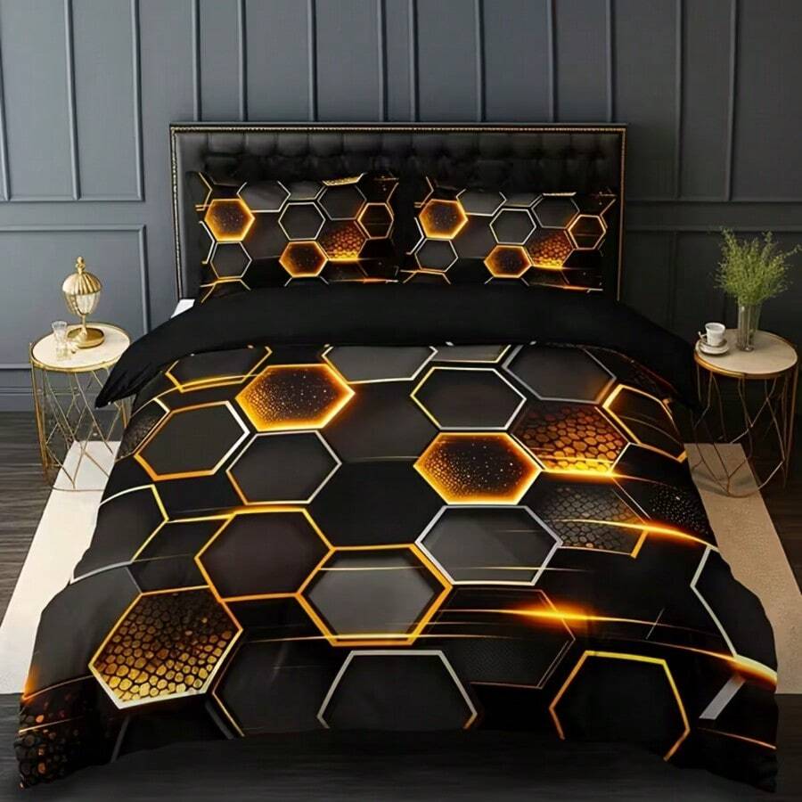 3pcs Cyberpunk Honeycomb Textured Printed Duvet Cover Set, Black & Gold Color Scheme, Hexagonal Honeycomb Pattern With Luminous/Gradient Texture, Futuristic Design, Suitable For Bedroom And Guest Room Bedding Decor (1 Duvet Cover + 2 Pillow Shams, No Filling) - Black - View 1