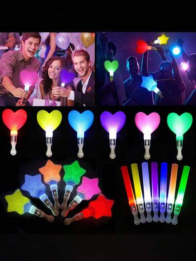 3pcs/Set Star & Heart Shaped Flashing LED Glow Sticks, Reusable Colorful Glowing Wands With LED Lights, Suitable For Weddings, Birthdays, Concerts, Proposals, Glow Parties, Assorted Styles & Colors