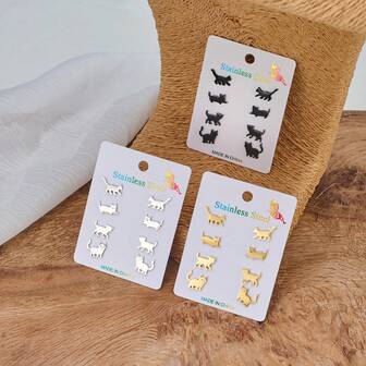 4 Pairs Of Cute Cat Stud Earrings For Girls, Animals, Pet Cat, Stainless Steel Stud Earrings, And Fashionable Jewelry Gifts For Family And Friends