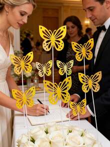 30Pcs Butterfly Birthday Cake Topper,Gold,Butterfly Decor,Flower Bouquet Accessories Set,For Wedding Birthday Party Valentine's Day,Valentine's Day Gift Packaging Decorations, Cake Decorations, Flower Decorations, Centerpieces For Tables, Wedding Party, Hotel, Bedroom Lights, Scene Arrangements; - Gold - View 9