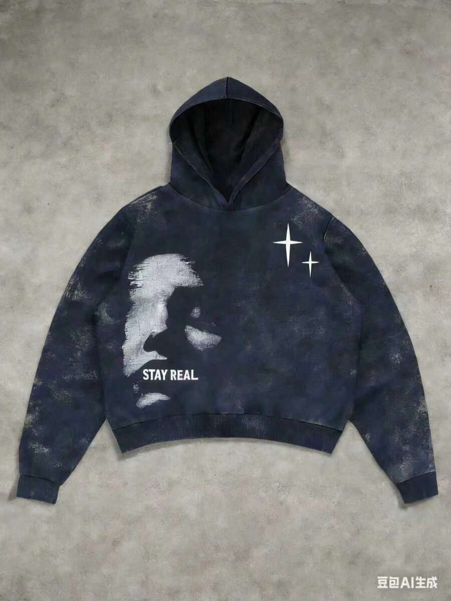 Manfinity Streetrush Men's Face & Letter Print , Casual Minimalist Graphic Streetwear Pullover Sweatshirt2025 - Navy Blue - View 1
