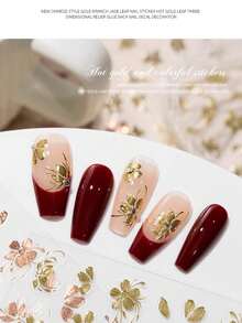 1 hoja de nuevos adhesivos y calcomanías de arte de uñas metálicas vintage, decoraciones de uñas con relieve de peonía y hoja de jade, suministros para uñas - Multicolor - Ver 8