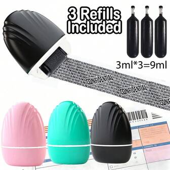 1 Set incluye 1 sello de privacidad grande rodante + 3/6/9 cartuchos de repuesto [Cobertura de privacidad con un solo clic], el sello rodante es adecuado para paquetes, facturas, sobres, esencial para el hogar y la oficina, disponible en negro, verde, rosa