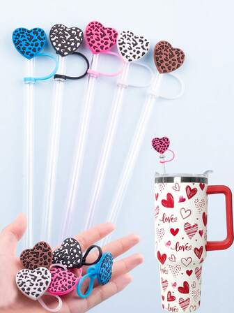 10 st silikon sugrörslock, alla hjärtans dag hjärtdekoration till sugrör, söta leopardmönstrade hjärtformade sugrörslock, 10 mm (0,4 tum) sugrörslock, passar för 40oz återanvändbara sugrörstoppar
