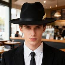 JEWELRYWE Men's Flat-Brimmed Felt Hat, Women's Fedora, With Gold Fishbone Trim, Elegant Wide-Brimmed Hat, Party Hat, Suitable For Casual, Formal Occasions, Masquerade Balls, Graduation Ceremonies, Unisex - 駝色 - 查看 3