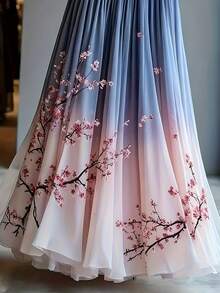 女士优雅法式长款多层网纱印花A字裙，春夏新款花卉印花早午餐，秋季女装 - 彩色 - 查看 5