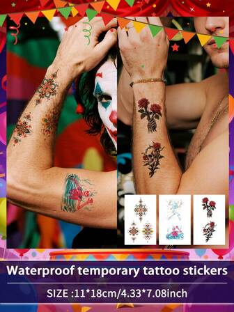 3Pcs Men Tattoo Carnival Temporary Tattoo Skull Geometric Flower Fake Waterproof Sweatproof Disposable For Women And Mem Face, Arm, Waist, Chest, Leg, Abdomen, Neck, Hand, Finger, Back For Dancing Party Stage Performance Modernist Body Art