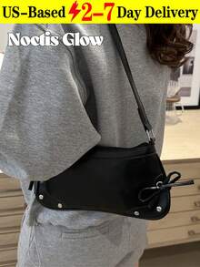 Vintage-Inspired Shoulder Bag With Zipper Closure. Classic Solid-Color Elegant Shoulder/Underarm Bag. Women's Handbag Featuring A Fashionable Bow Accent. Includes Adjustable Shoulder Strap. Perfect For Daily Commutes And Campus Casual Wear. Ideal For Dates, Outings, And Parties.  Women's Handbag. - 彩色 - 查看 9