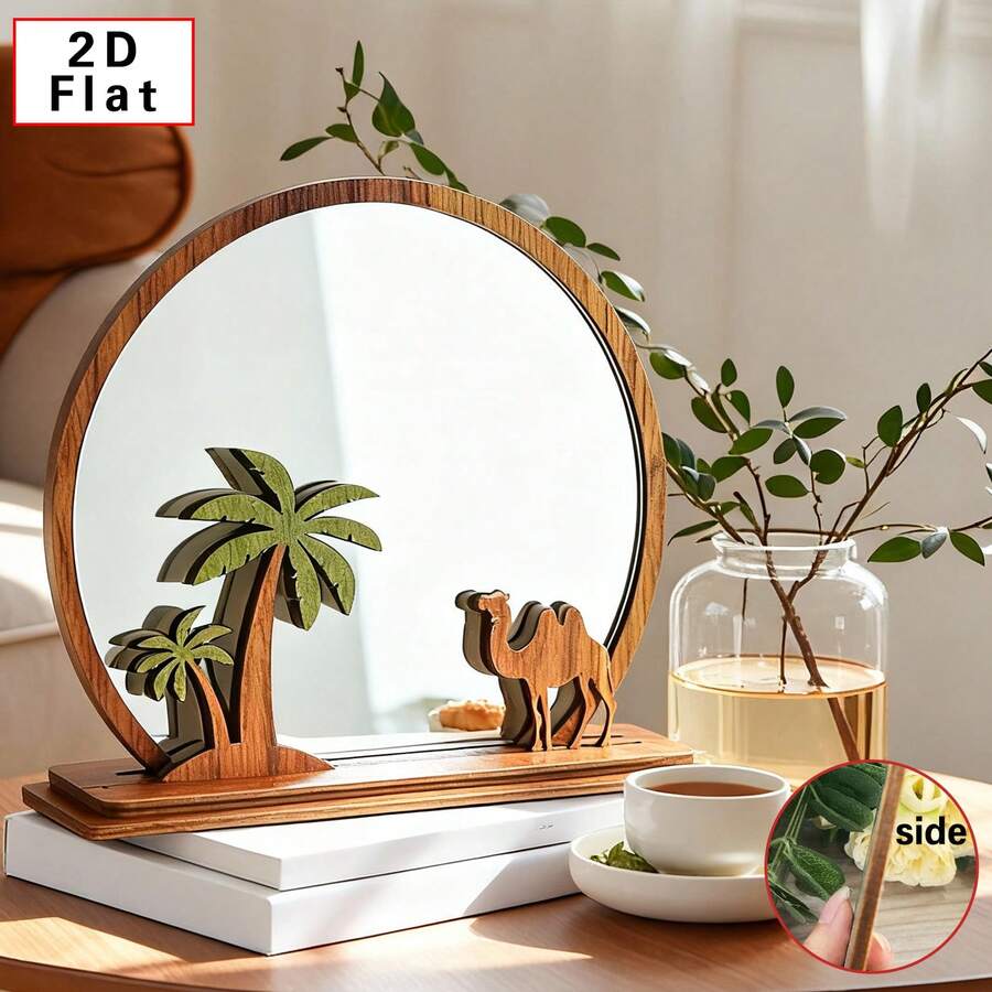 1pc Wooden Mirror Desktop Decor - Camel Riding Palm Tree Design | Summer Holiday Room Decoration | Boho Desert Theme | Home Decor | Small Space Desktop Decor & Vanity Accessory | Aesthetics - Mocha Brown - View 1